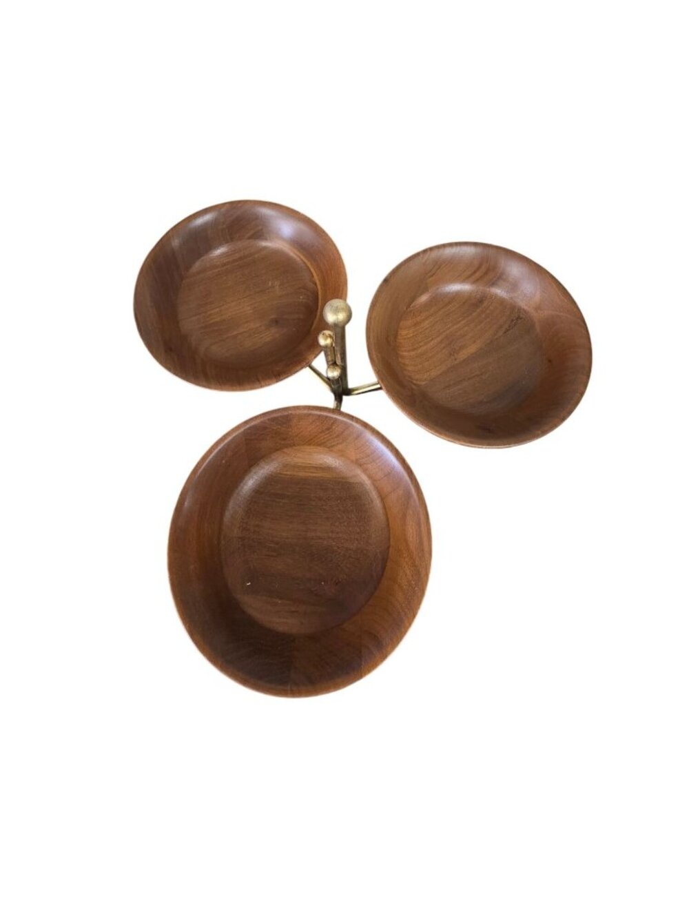 Mid-Century Modern Wood & Brass 3 Serving Snack Dish Nut Bowl - Picture 2 of 10